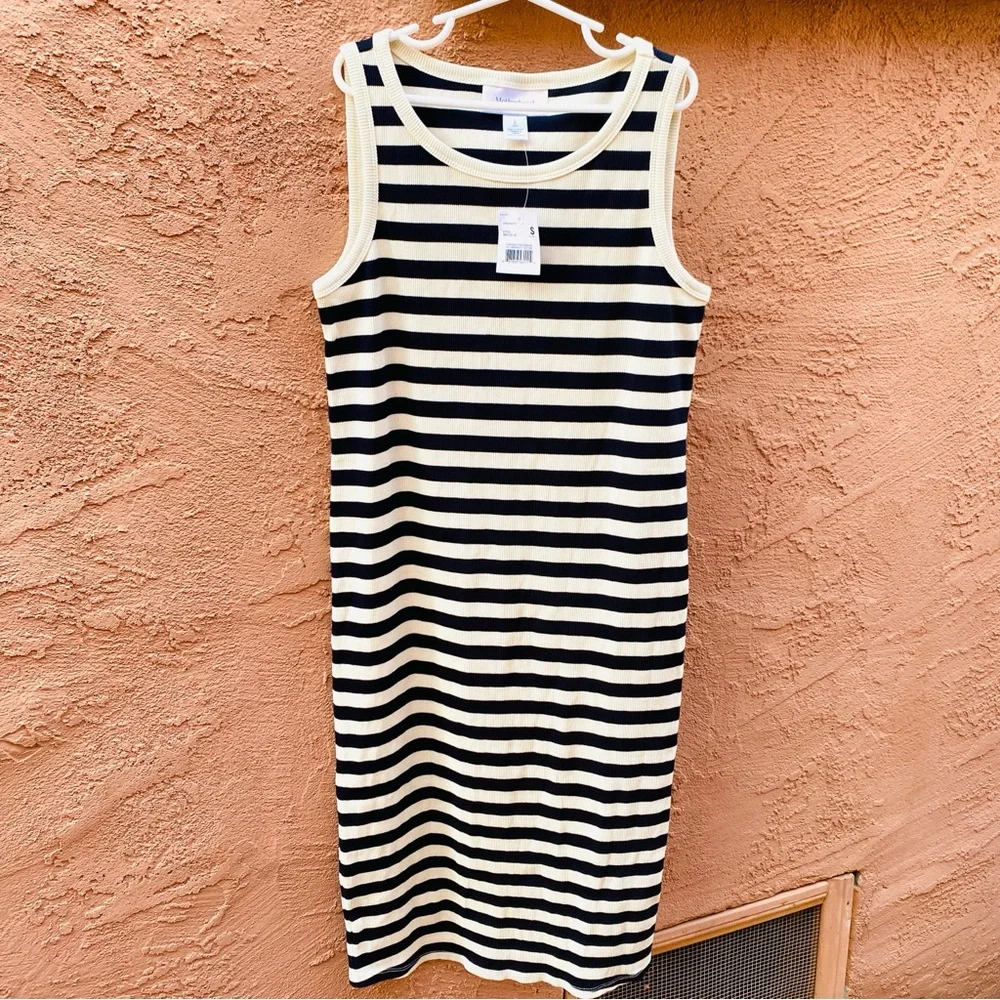 MOTHERHOOD MATERNITY TANK RIB KNIT DRESS FITTED BODYCON BLACK WHITE STRIPE - Picture 5 of 11